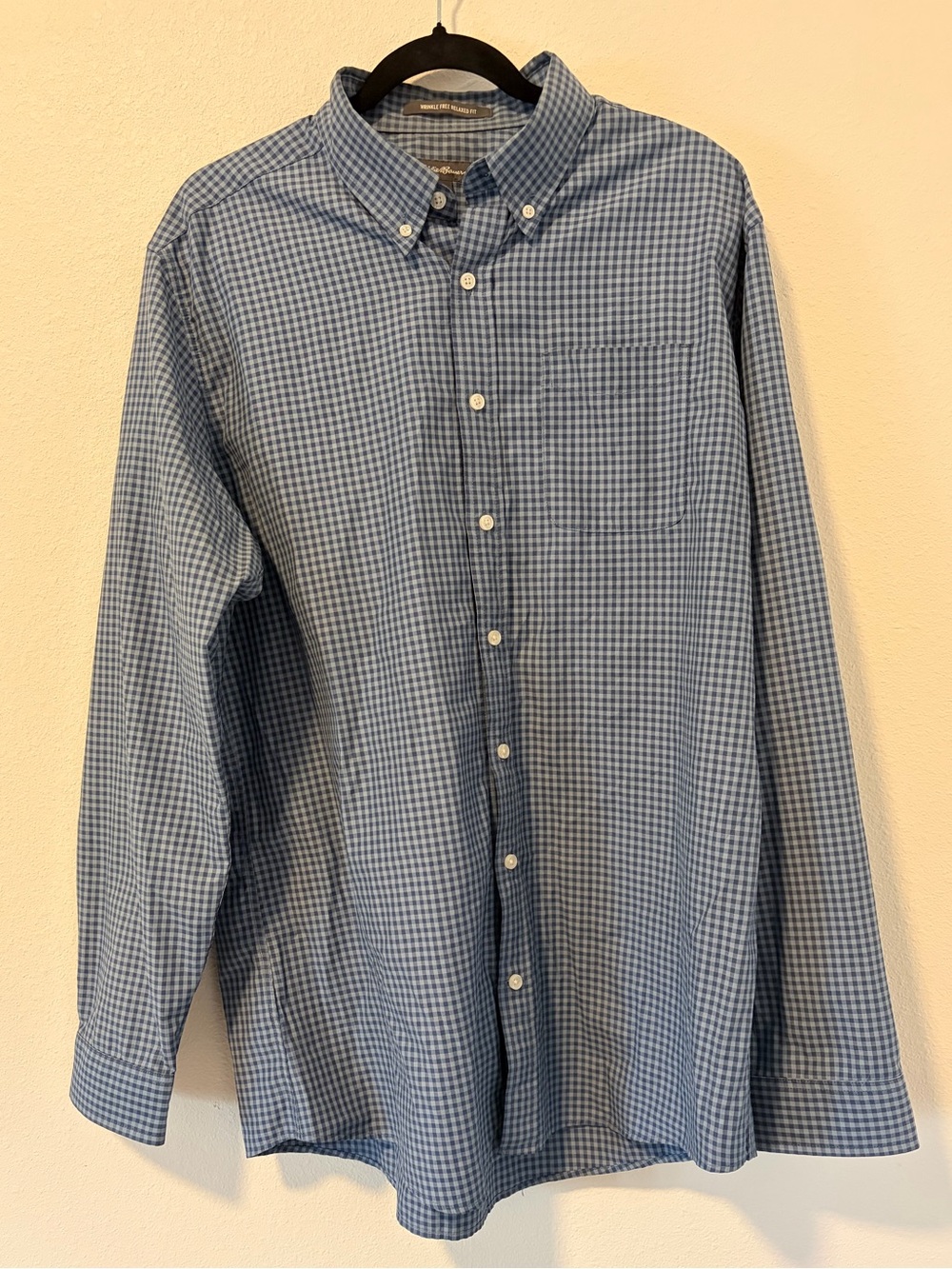 Eddie Bauer Men TL Wrinkle Free Relaxed Fit Long Sleeve Gingham Shirt Blue